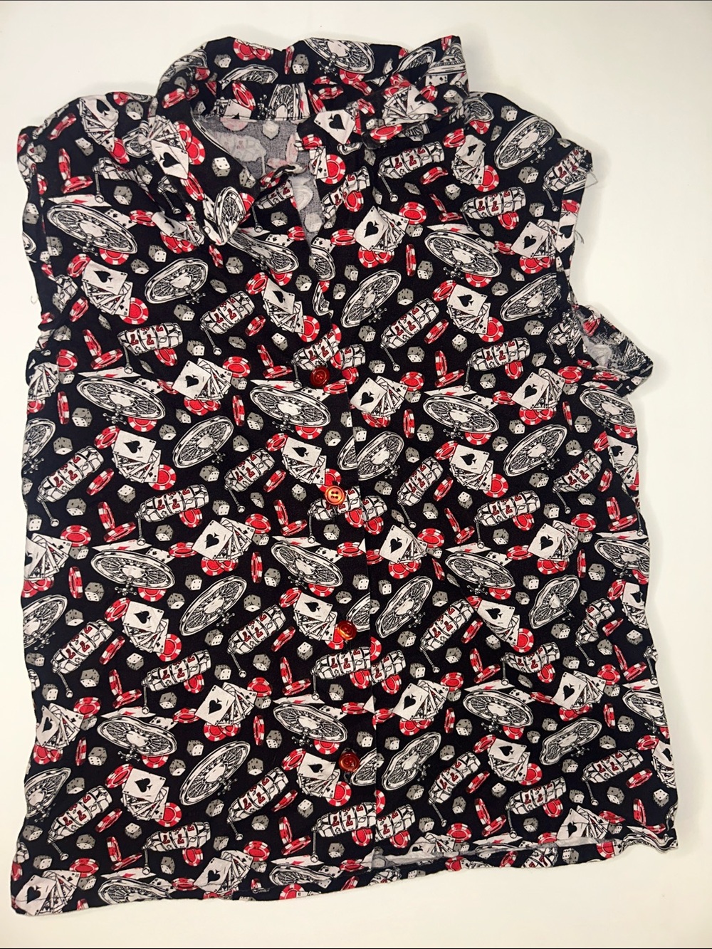 Woman’s Black & Red Casino Print Button-Up Top